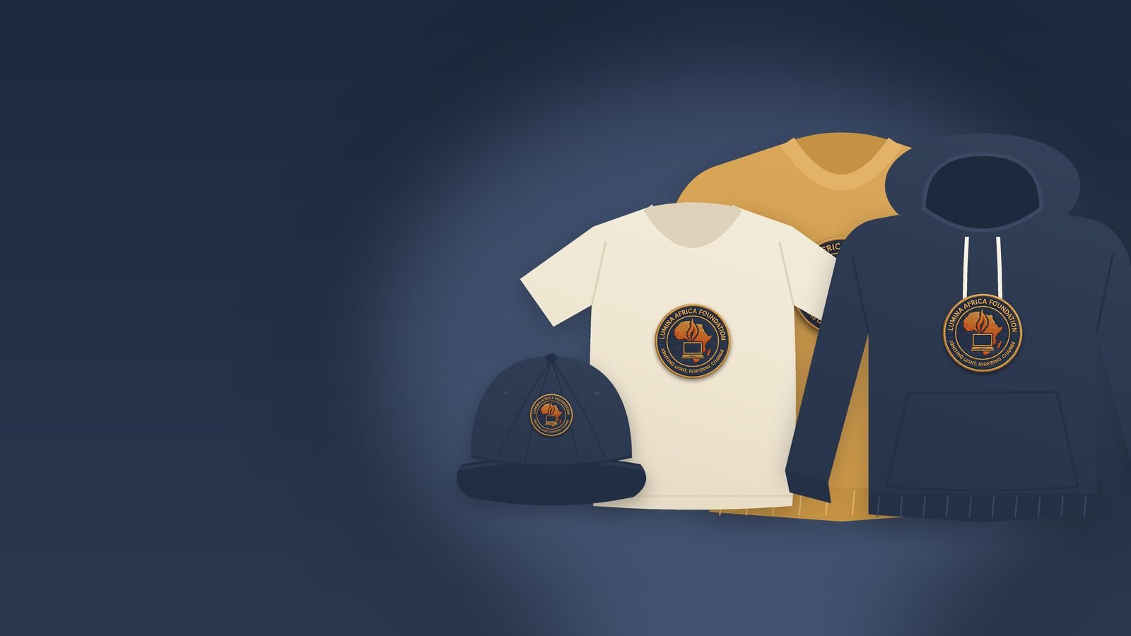 Illustration of a navy jumper, a cap, a T-shirt and stickers in the Lumina colours