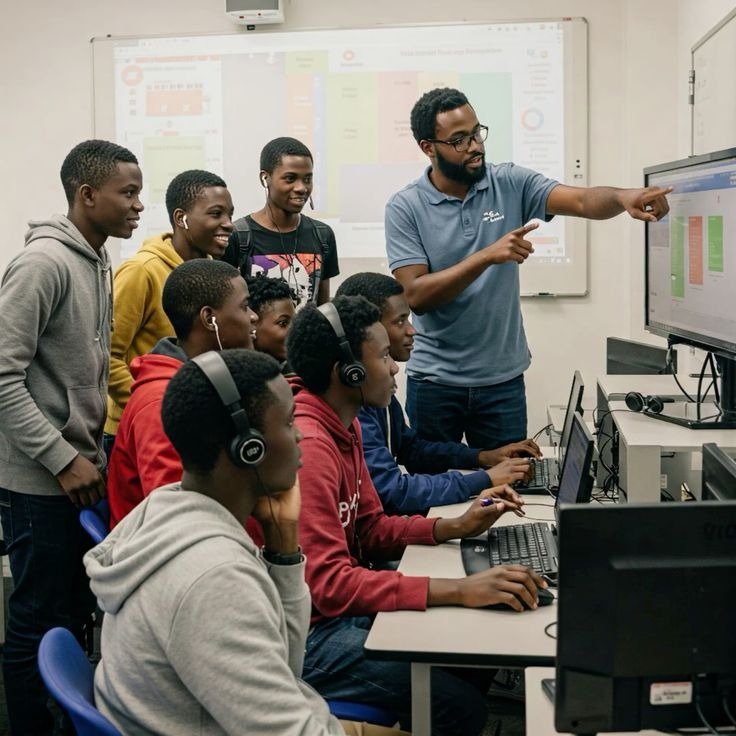 A trainer points at a screen while young people work at computers